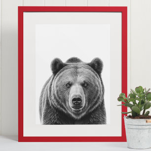 Póster Retrato de oso pardo Woodland Blanco negro