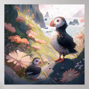 Póster Retrato de pájaro de Puffin pintura animal vida si