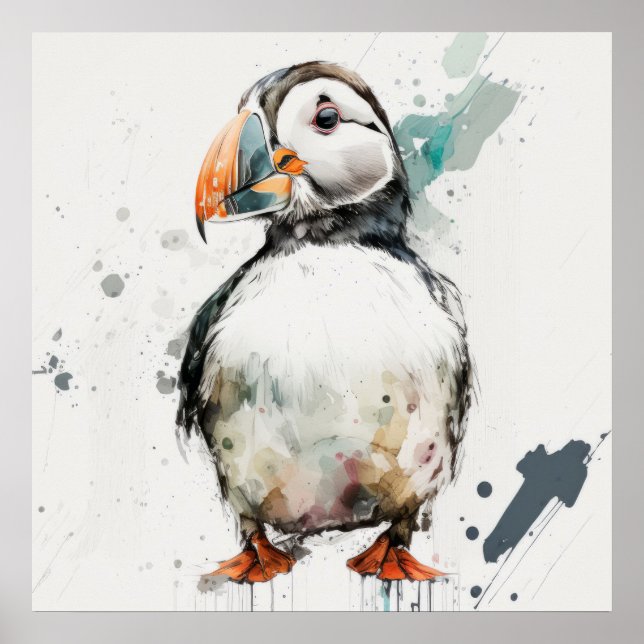 Póster Retrato de pájaro de Puffin pintura animal vida si (Frente)
