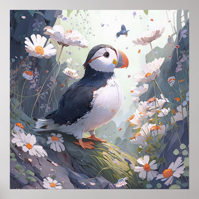 Póster Retrato de pájaro de Puffin pintura animal vida si (Frente)