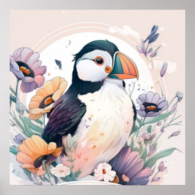 Póster Retrato de pájaro de Puffin pintura animal vida si (Frente)
