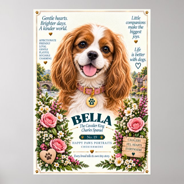 Póster Retrato de perro Cavalier King Charles Spaniel | B (Frente)