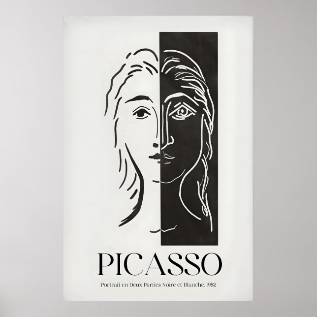 Póster Retrato de Picasso Dos Partes Negro Blanco Dividid (Frente)
