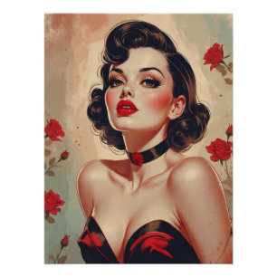 Póster Retrato de rosas rojas brunette Pin Up