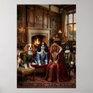 Póster Retrato de Spaniels Caballeros Tudor en Mansión