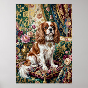 Póster Retrato de Tapiz Floral del Cavalier Blenheim