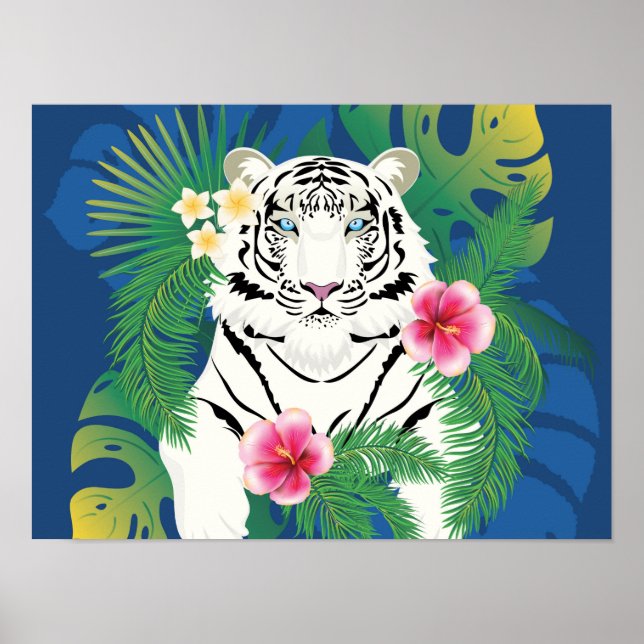 Póster Retrato de tigre blanco con hojas tropicales (Frente)
