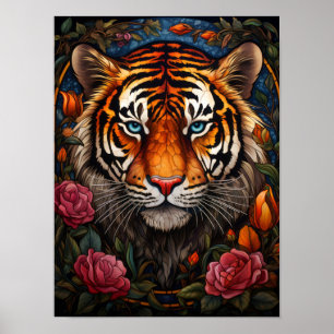 Póster Retrato de tigre en vidrio emplomado con rosas ros