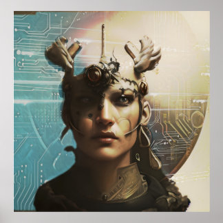 Póster retrato de un androide en un universo digital