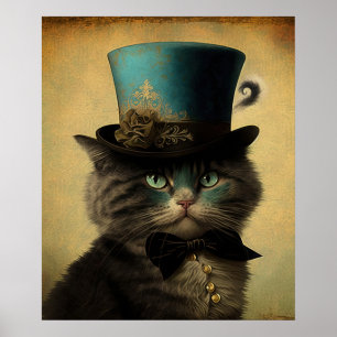 Póster Retrato de un gato vintage en un Gorra de moda azu