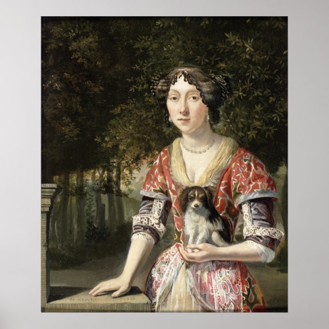 Póster Retrato de una dama con un vestido rojo y blanco (Frente)