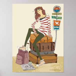 Póster Retrato de una joven sentada en una maleta