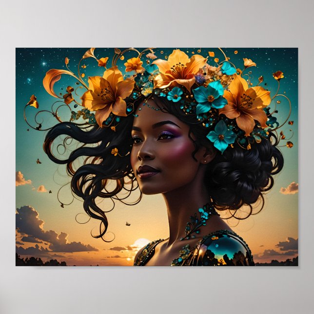 Póster retrato de una mujer con flores (Frente)