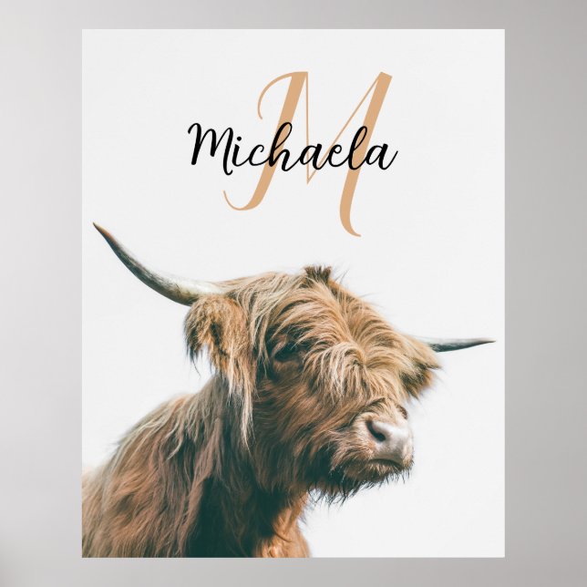 Póster Retrato de vaca de Highland nombre personalizado m (Frente)
