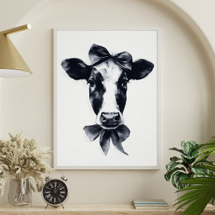 Póster Retrato de vaca en blanco y negro con lazo femenin