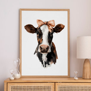 Póster Retrato de vaca lindo marrón y blanco con lazo fem