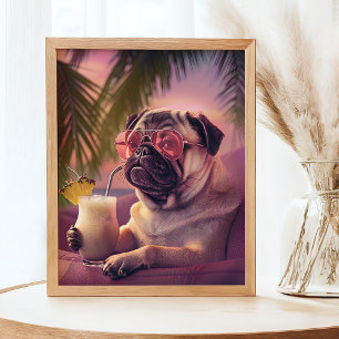 Póster Retrato de verano de Mascota para beber cóctel Pug