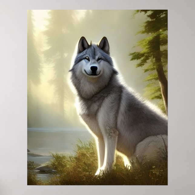 Póster Retrato de vida silvestre de lobo de madera (Frente)