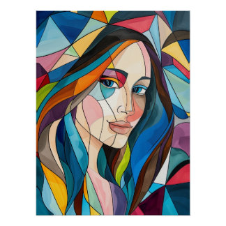 Póster Retrato de vidrio emplomado cubista geométrico
