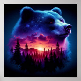 Póster Retrato Del oso De Doble Exposición Con Atardecer