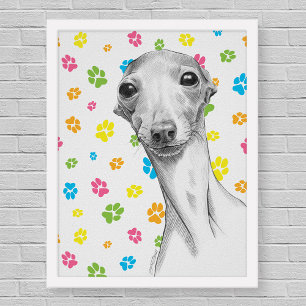 Póster Retrato divertido de dibujo del perro de Greyhound