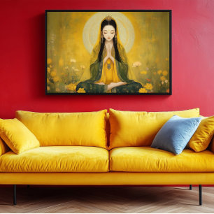 Póster Retrato dorado de la diosa budista Tara amarilla a