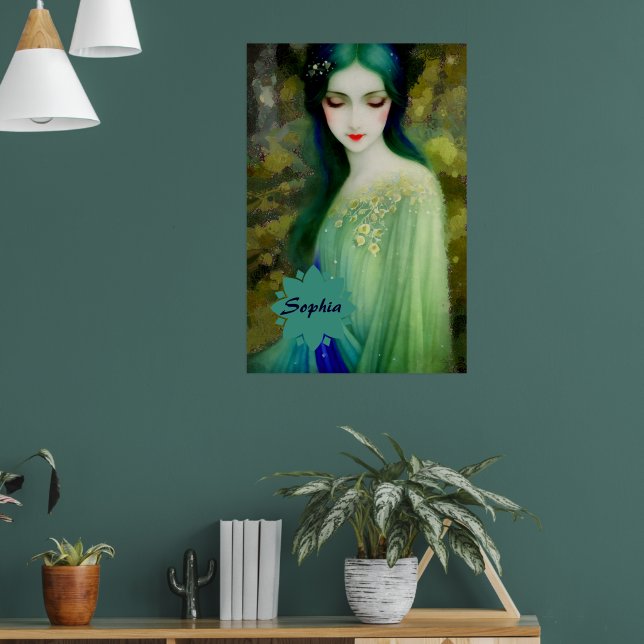 Póster Retrato elegante de mujer fantastica en verde y az (Salón 1)