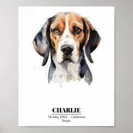 Póster Retrato en Acuarela de Beagle con Nombre Personali