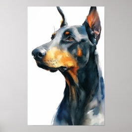 Póster retrato en acuarela de doberman negro