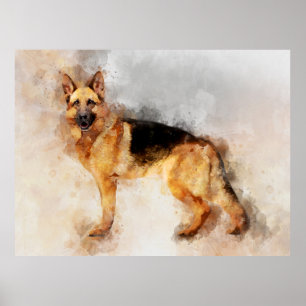 Póster Retrato en acuarela de perro pastor alemán 02