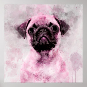 Póster Retrato en acuarela de perro Pug rosa 02