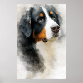 Póster retrato en acuarela del perro de montaña bernés