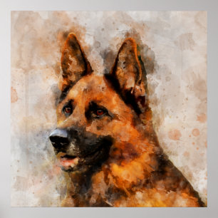 Póster Retrato en acuarela del perro pastor alemán 04