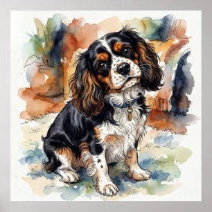 Póster Retrato en Acuarela del Spaniel King Charles Caval