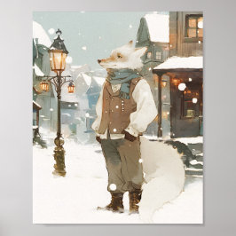 Póster Retrato en acuarela del zorro ártico nevado con bu