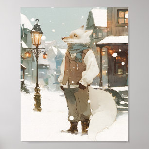 Póster Retrato en acuarela del zorro ártico nevado con bu