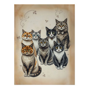 Póster Retrato familiar de gato de inspiración vintage