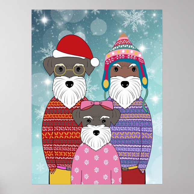 Póster Retrato familiar de Navidades de Schnauzers en min (Frente)