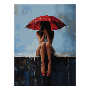 Póster Retrato Femenino Emocional con Paraguas Rojo