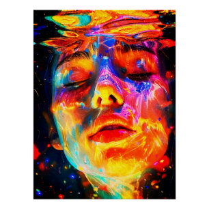 Póster Retrato Femenino Subacuático Vibrante al Óleo