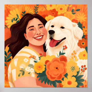 Póster Retrato floral de perro y mujer pujante y de resca