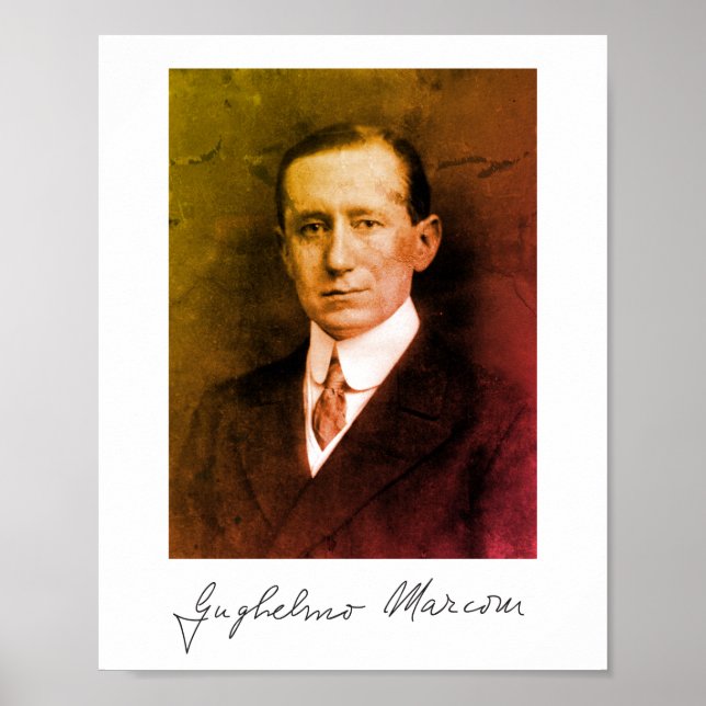 Póster Retrato fotográfico y firma de Guglielmo Marconi (Frente)
