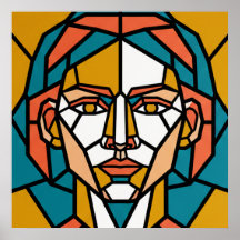 Retrato geométrico en mosaico en ámbar y azul turq