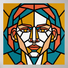 Póster Retrato geométrico en mosaico en ámbar y azul turq