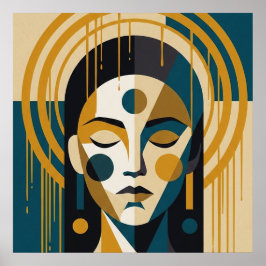 Póster Retrato geométrico Zen en azul turquesa y ocre