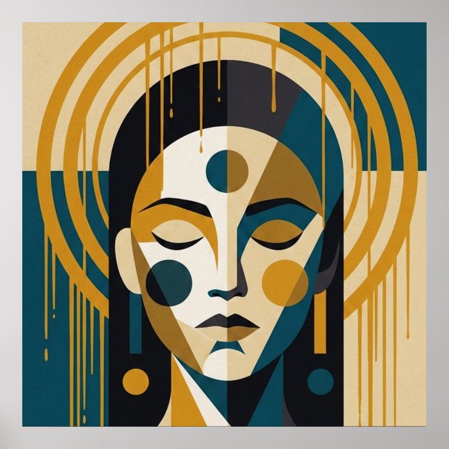 Póster Retrato geométrico Zen en azul turquesa y ocre (Frente)