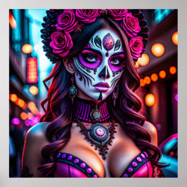 Póster Retrato glamoroso Día de los Muertos Catrina con