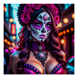 Póster Retrato glamoroso Día de los Muertos Catrina con