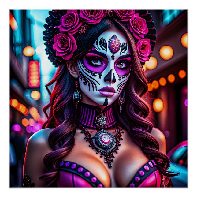 Póster Retrato glamoroso Día de los Muertos Catrina con (Anverso)