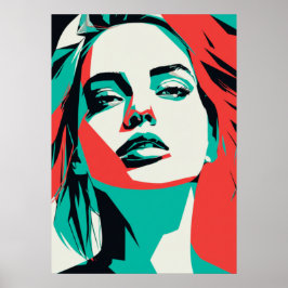Póster Retrato impactante de mujer Verde azulada y roja -